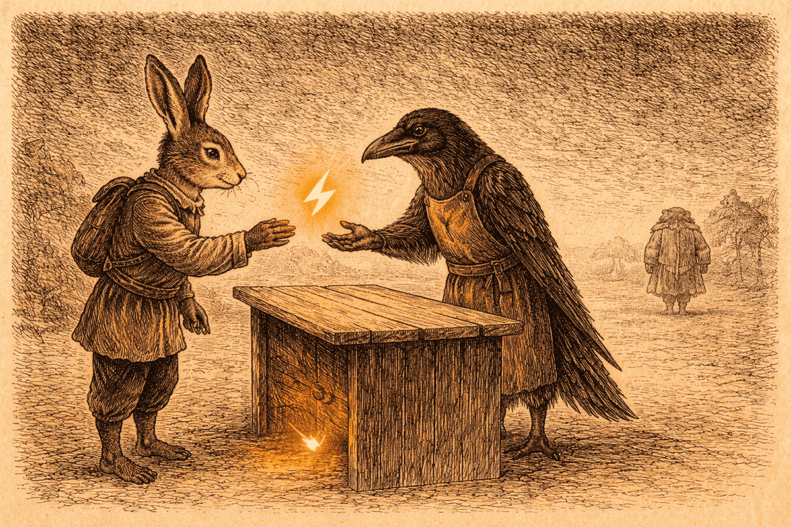 Hase und Rabe handeln an einem Markttisch
