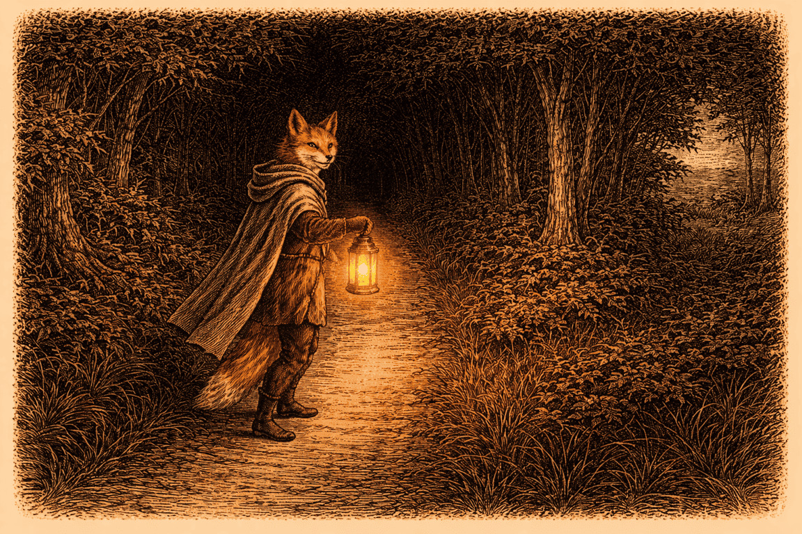 Fuchs mit Laterne auf einem Waldweg
