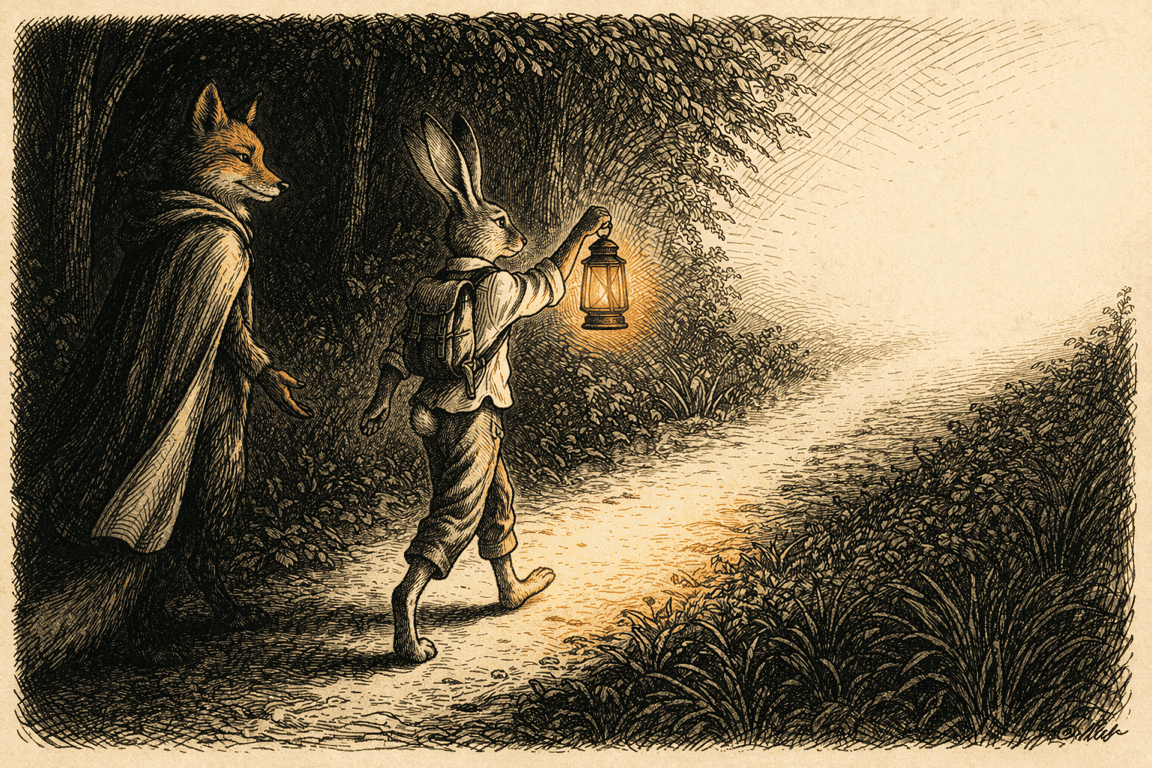 Fuchs und Hase mit Laterne auf einem Waldweg
