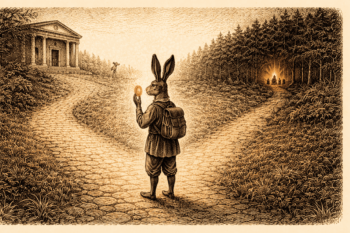 Hase mit Münze an einer Weggabelung